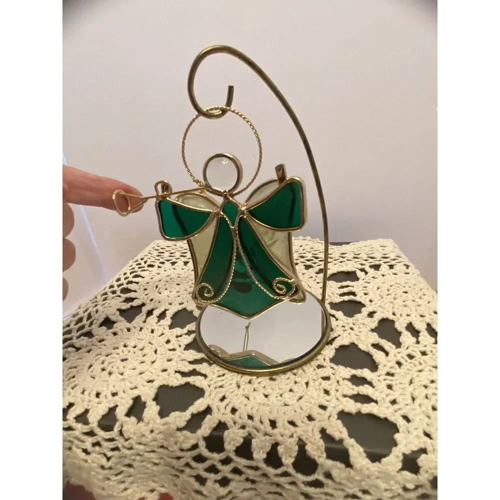 VTG Green Stained Glass Angel Ornament Sun Catcher Gold Metal Trim 5